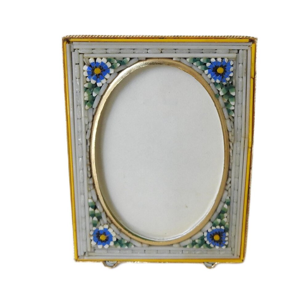 Italian Micro Mosaic Tabletop Picture Frame in Brass Casing 1960s Oval Opening